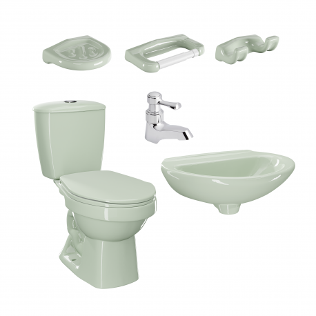 Combo Corona Laguna Balta Verde Claro: sanitario, lavamanos sin pedestal, grifería y accesorios