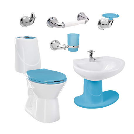 Combo Happy Corona II Azul Marino: sanitario, lavamanos con semipedestal, grifería y accesorios