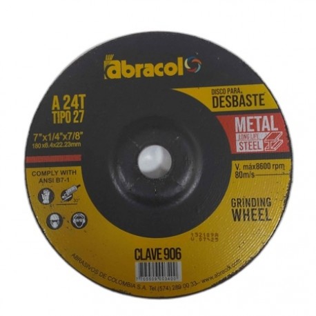 Disco Esmerilar Metales 7" x 1/4" x 7/8" Abracol