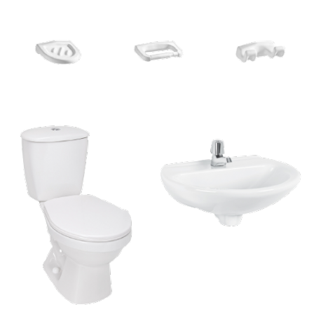 Combo Corona Laguna Balta Blanco: sanitario, lavamanos sin pedestal, grifería y accesorios